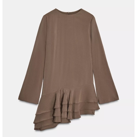 Flowy Ruffled Mini Dress, Chocolate Brown, Zara, M, NWT - Picture 9 of 10